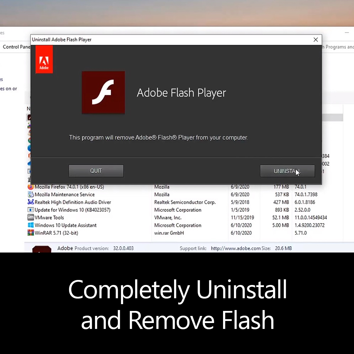 uninstall flash player windows 10
