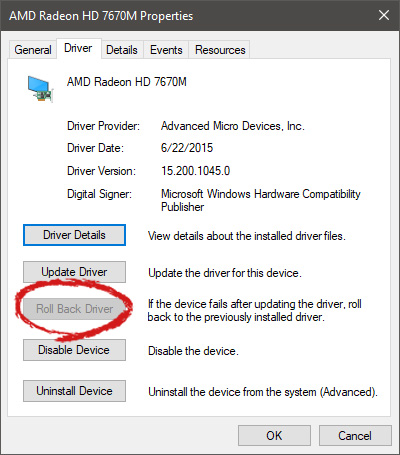 AMD driver rollback gemarkeerd