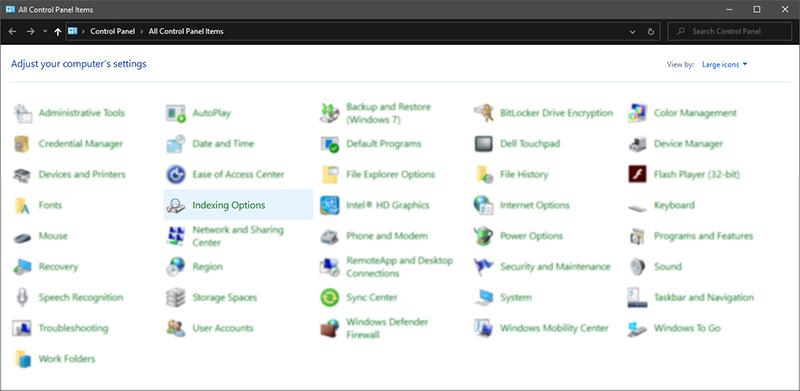 Control panel with indexing options selected