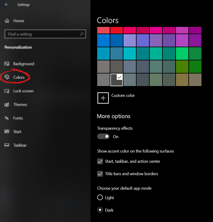Configuración de color de Windows 10 marcada con opciones