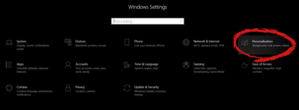 Menu delle impostazioni di Windows 10 con il gruppo Personalizzazione contrassegnato