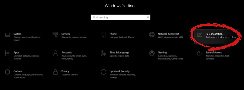 Windows 10 instellingenmenu met gemarkeerde personalisatiegroep