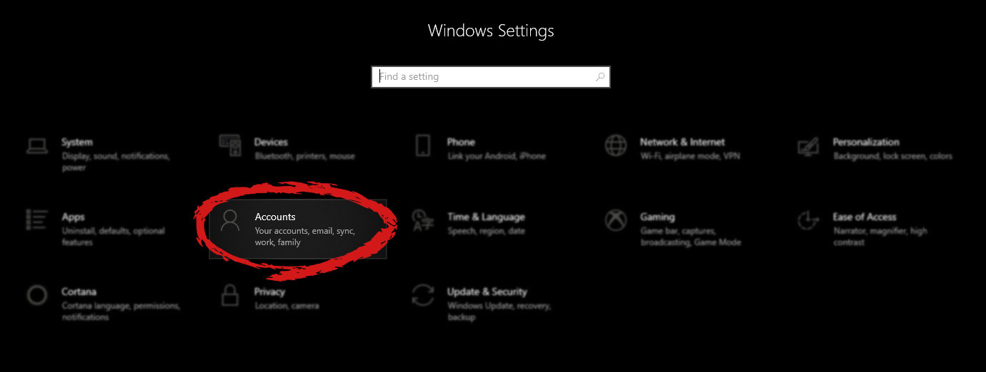 Seção de contas de configurações do Windows selecionada