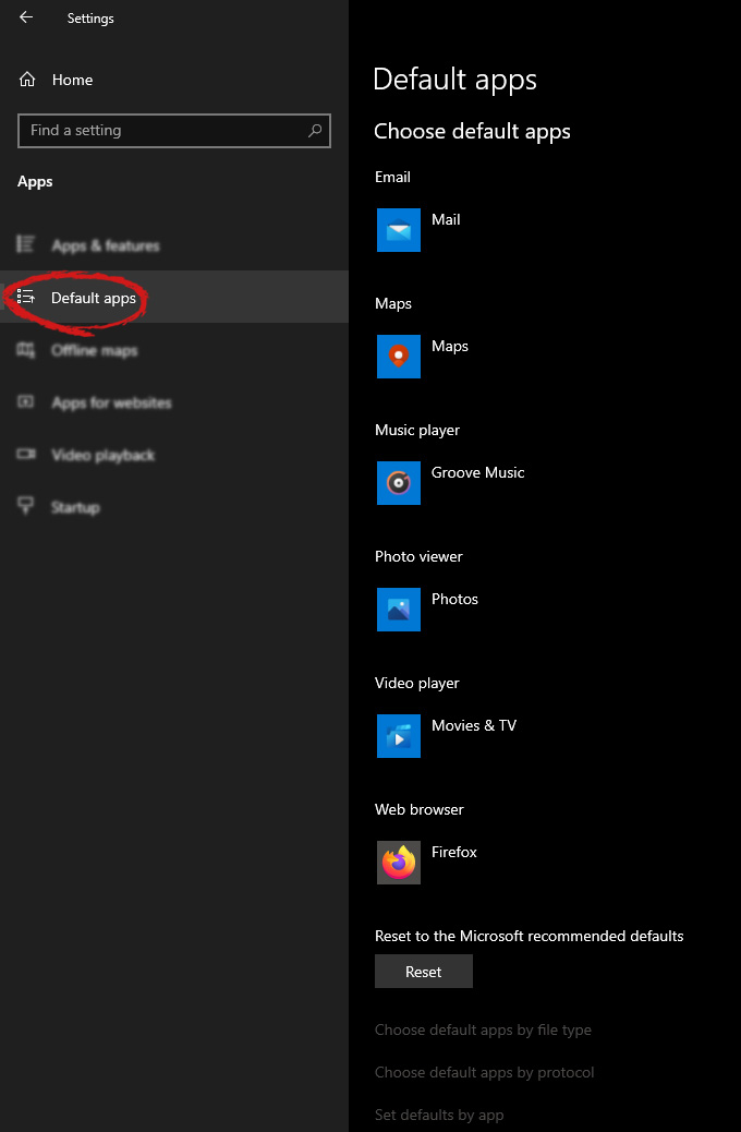 Windows-Einstellungen Standard-Apps markiert