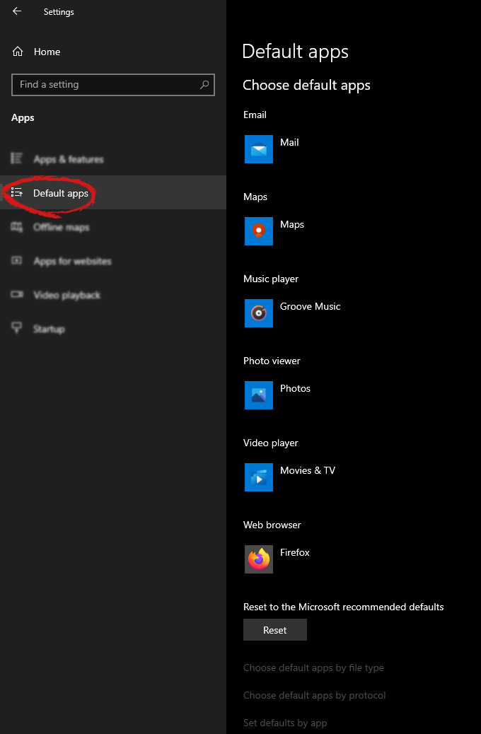 App predefinite delle impostazioni di Windows contrassegnate