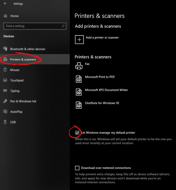 Windows settings for printer