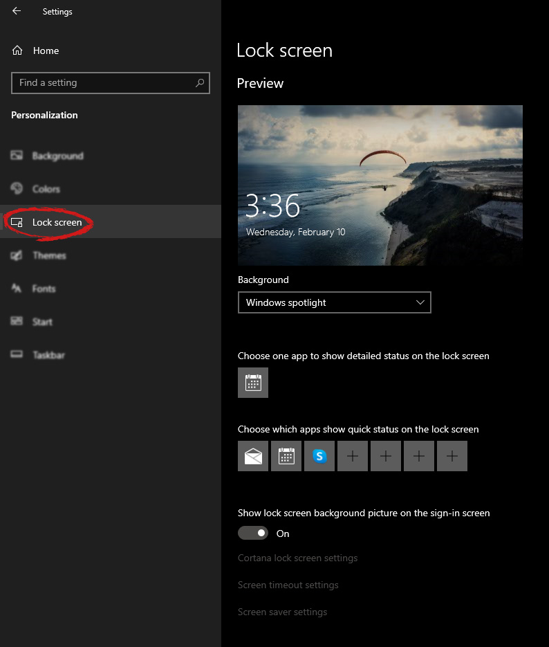 Windows settings lock screen