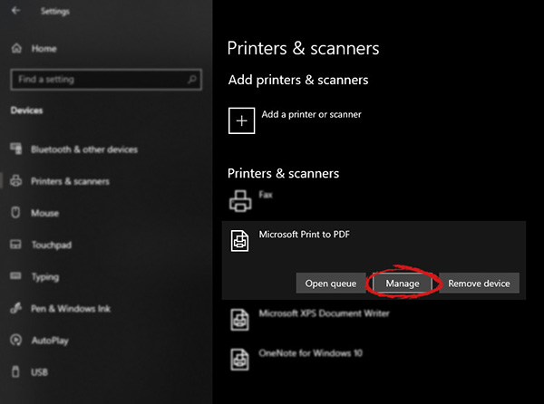 Windows settings manage printer