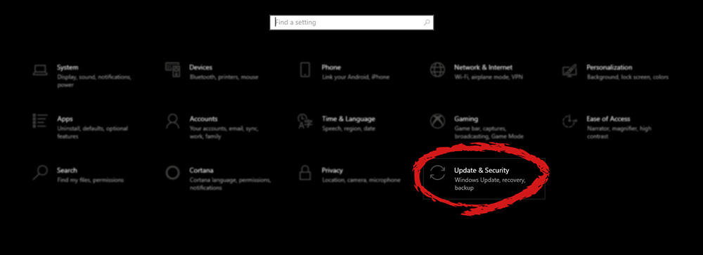 Windows settings update and security section marked