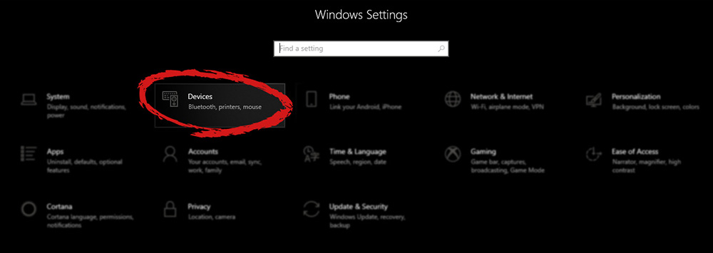 הגדרות Windows עם סעיף מכשירים מסומנים