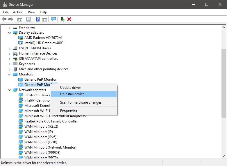 device manager uninstall device driver