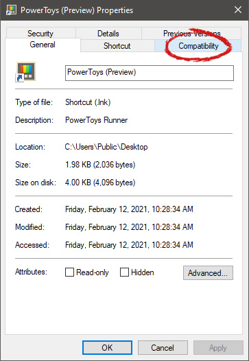 Dateieigenschaften-Kompatibilitätsregisterkarte markiert