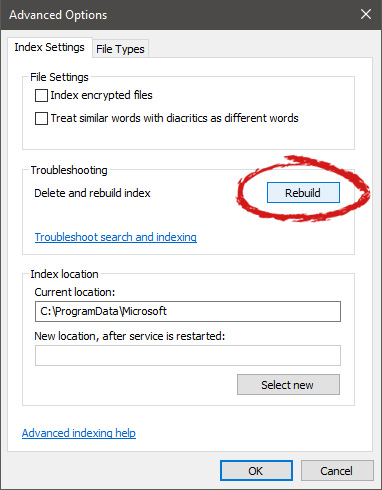 indexing options rebuild button marked