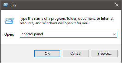 run dialog with control panel typed in