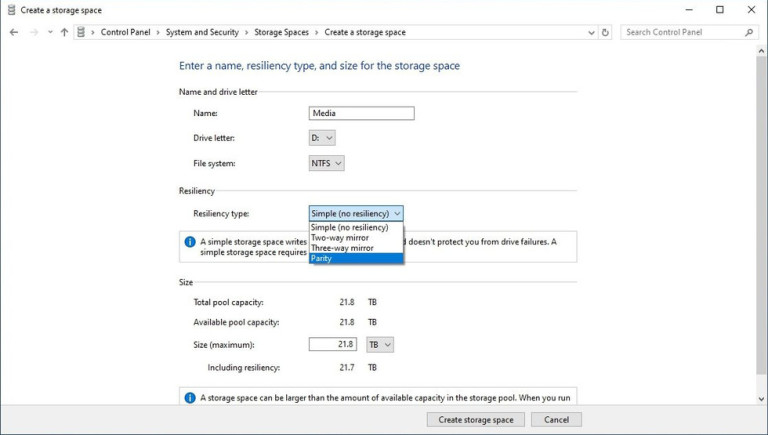 storage spaces resiliency type options