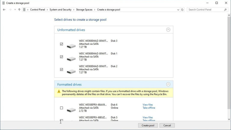 storage spaces select drives