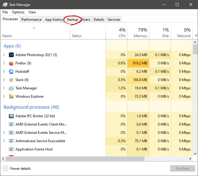 scheda di avvio del task manager