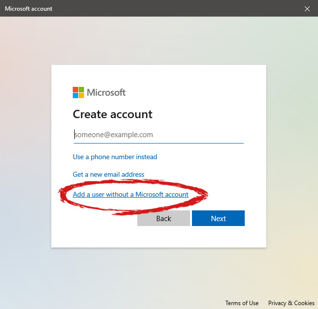 user account new account without ms id