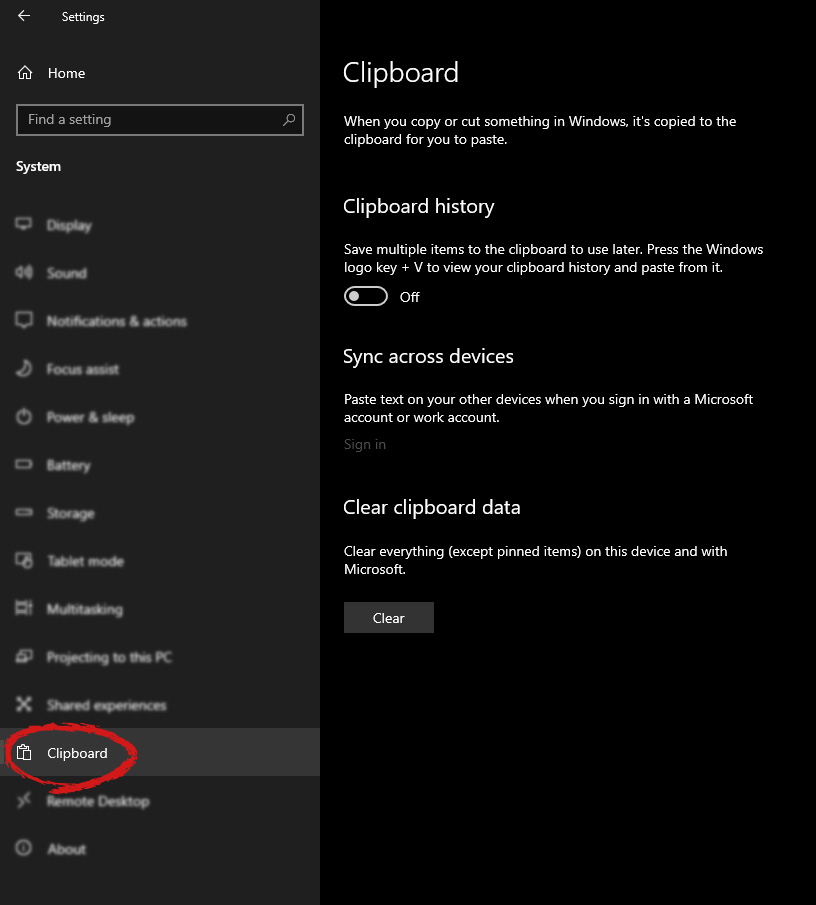 windows settings clipboard