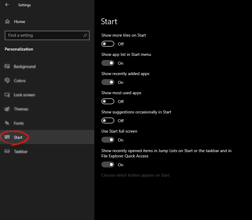 windows settings start screen section