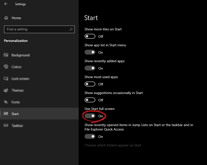 windows settings start screen switch for full screen