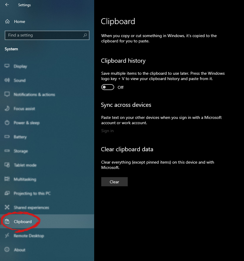 Windows settings for Clipboard