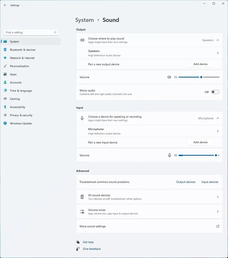 configuración de audio de Windows 11