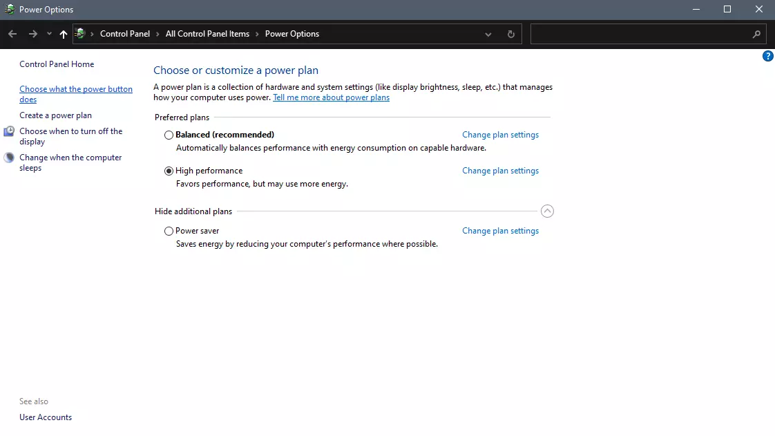 power options in control panel