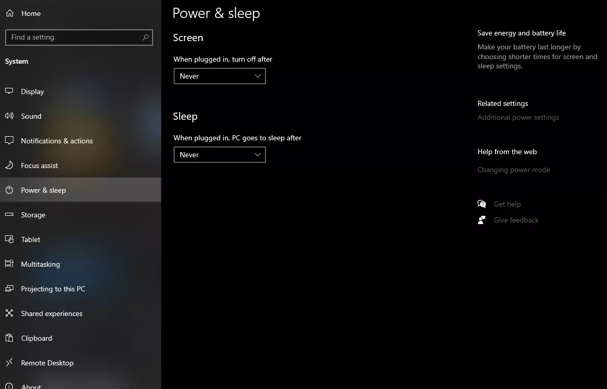 power and sleep options