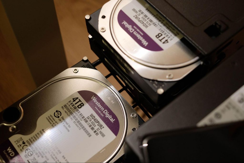 Several 4TB hard disks in a unit.
